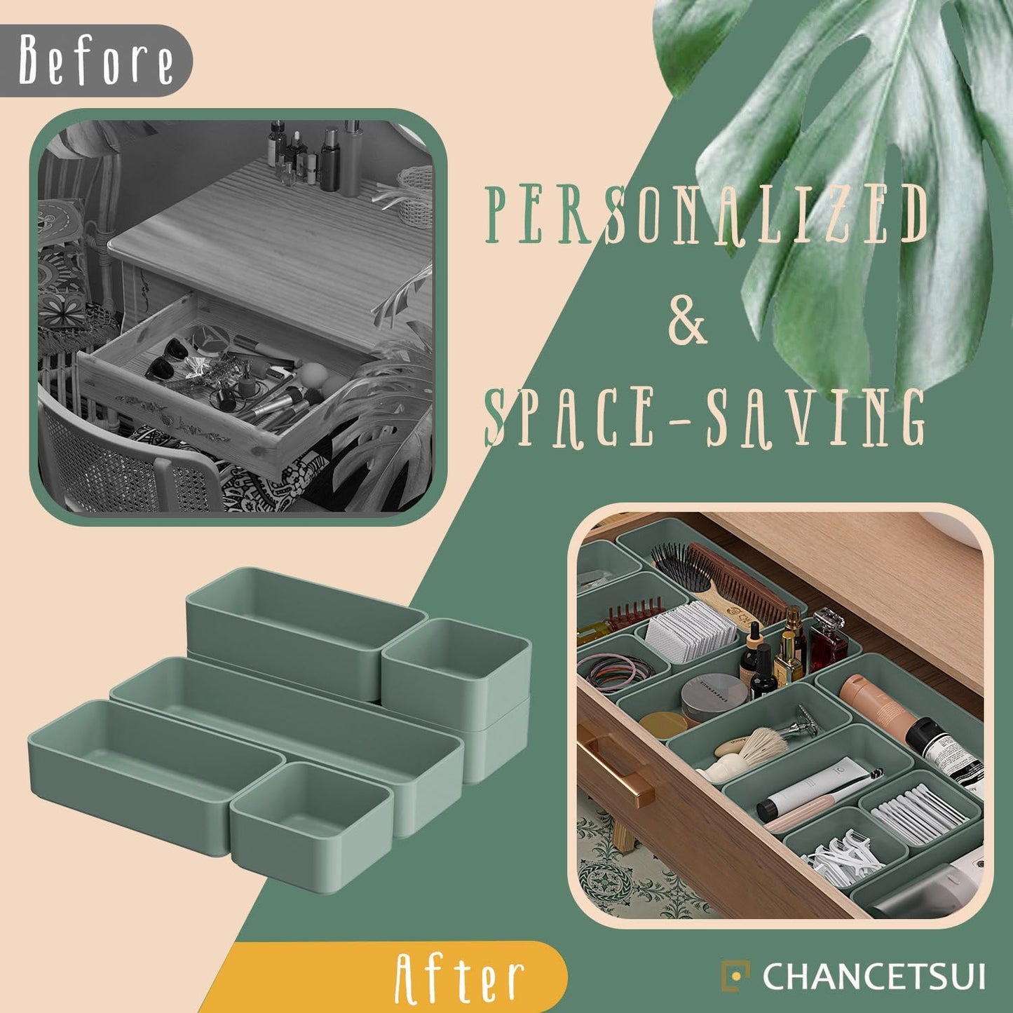 CHANCETSUI 6 PCS Stackable Drawer Organizers Set, Versatile Desk and Vanity Drawer Organizer Trays, Storage Bins for Makeup, Bathroom, Bedroom, Kitchen and Office, Green