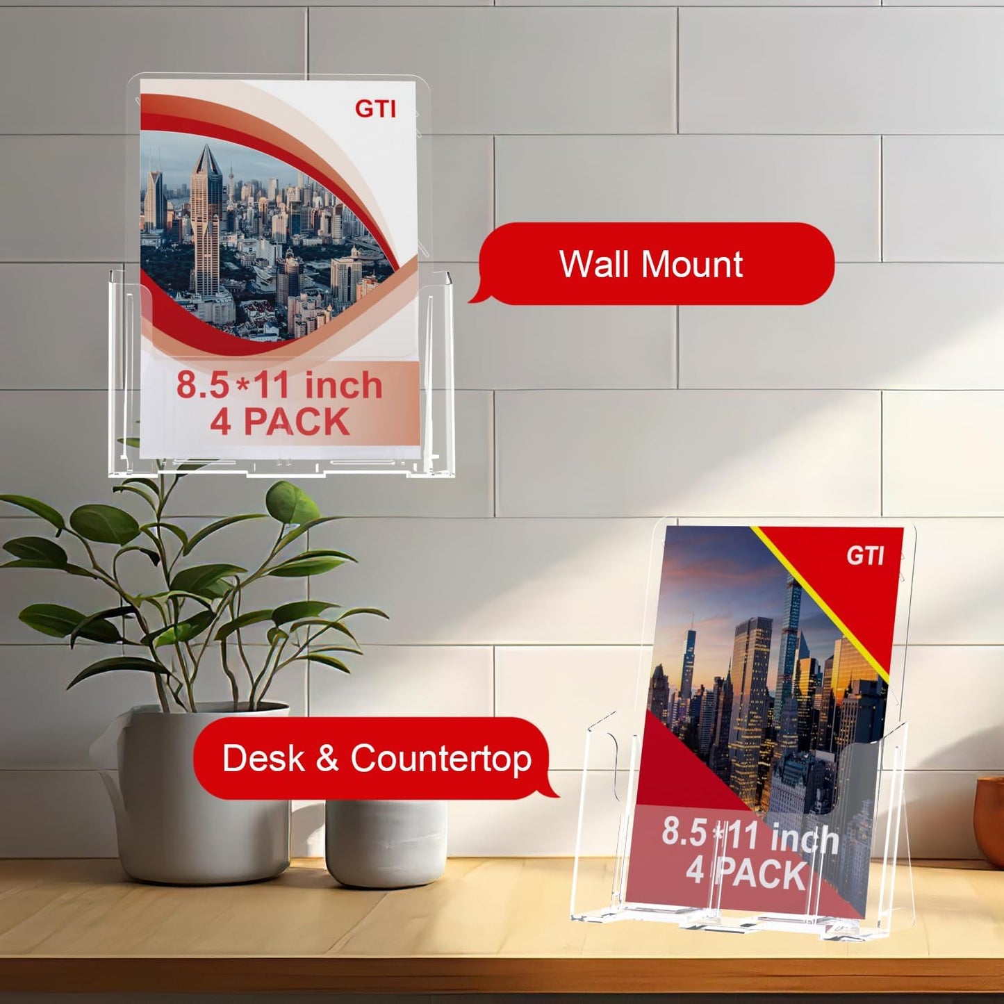 GTI Acrylic Brochure Holder 8.5 x 11 inch, 4 Packs Brochure Display Stand for 4’’ Trifold Pages, Clear Flyer Display Holder for Magazine, Pamphlet, Booklets, Menu,Journals