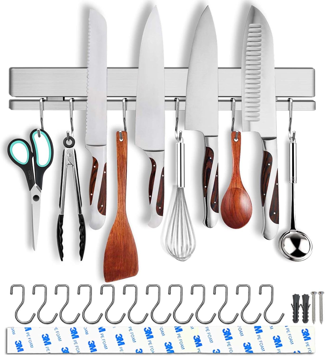 17 Inch Magnetic Knife Holder for Wall No Drill/Drill with 12 Hooks-Strong Adhesive Double Magnetic Bar Knife Magnetic Strip-Kitchen Utensil Holder-304 Stainless Steel Magnetic Knife Block