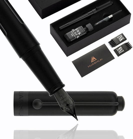 Luxury Matte Black Forest Fountain Pen Set,Titanium Black Extra Fine and Medium Nibs,Includes 2 Ink Converters,10 Ink Cartridges,15ml ink，Premium Gift Case for Calligraphy (Medium Nib)