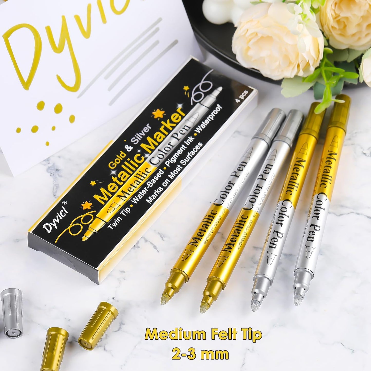 Dyvicl Metallic Marker Pens Dual Tip, Permanent Metallic Silver and Gold Paint Pens for Black Paper, Wine Glass, Rock Painting, Christmas Card Making, Scrapbook, DIY Art Crafts, Set of 4