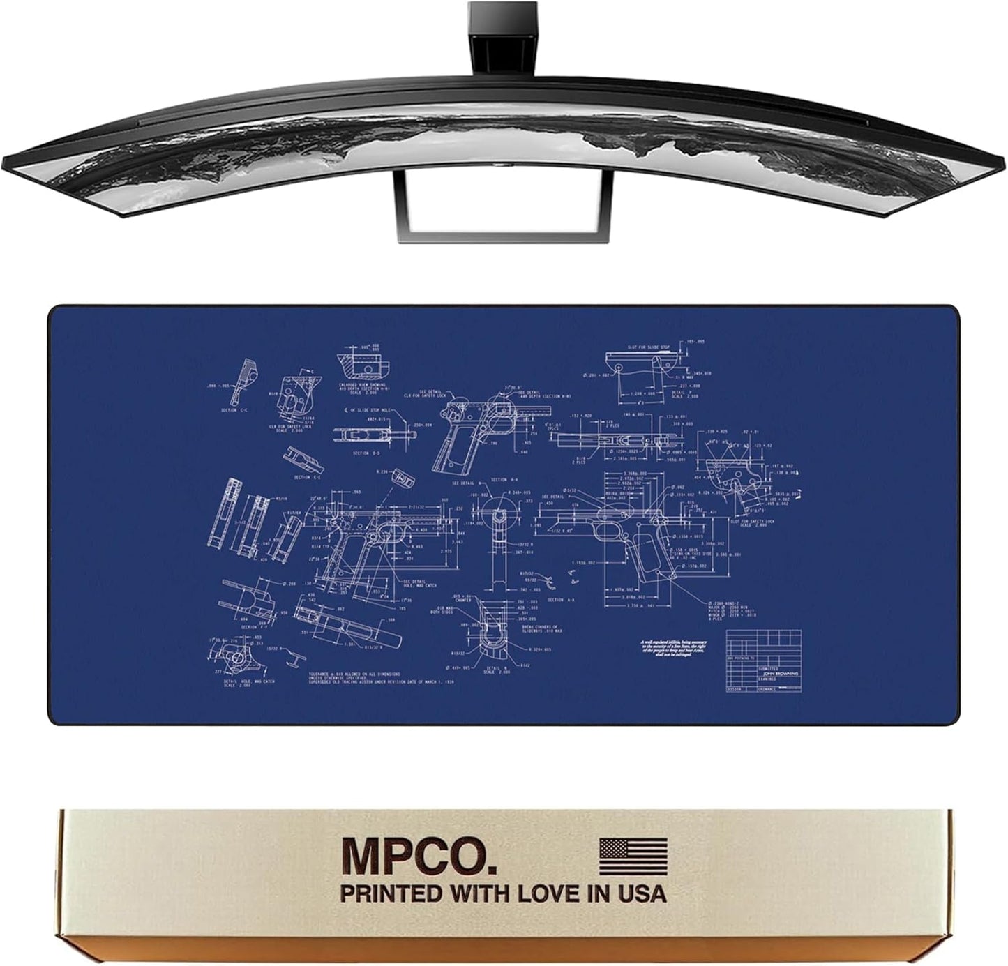 MPCO. Blueprints Large Gaming Desk Pad - 36" x 17" Aeroglyde Fabric Browning 1911 – Black Desk Mats - Non-Slip, Washable, Smooth Glide for Precision Gaming & Work