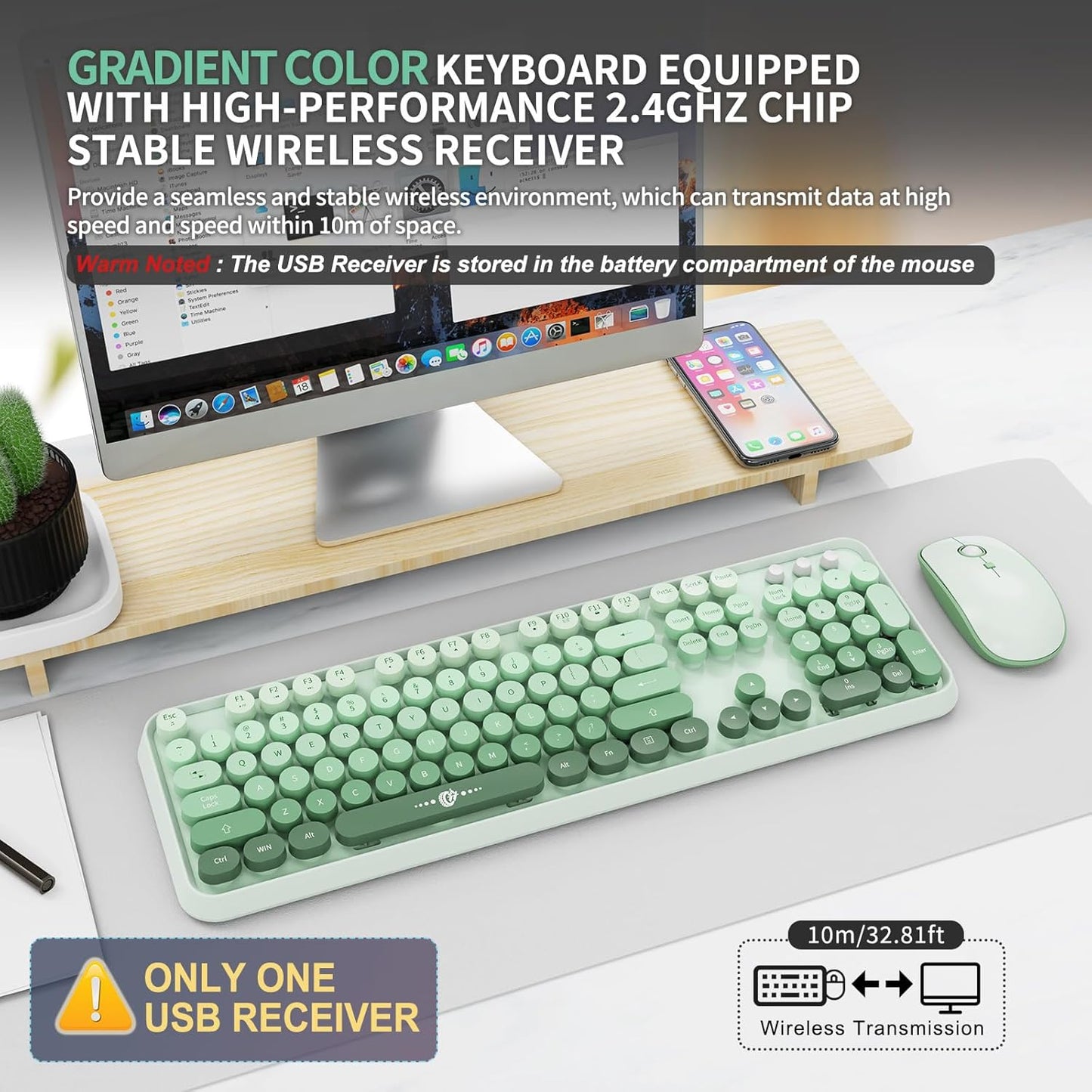 FOPETT Wireless Keyboard and Mouse Combo - 2.4G Full-Sized Cute Colorful Mouse and Keyboard with 104 Round Keys Retro Typewriter Keyboard for Laptop/Windows/PC - Green Gradient