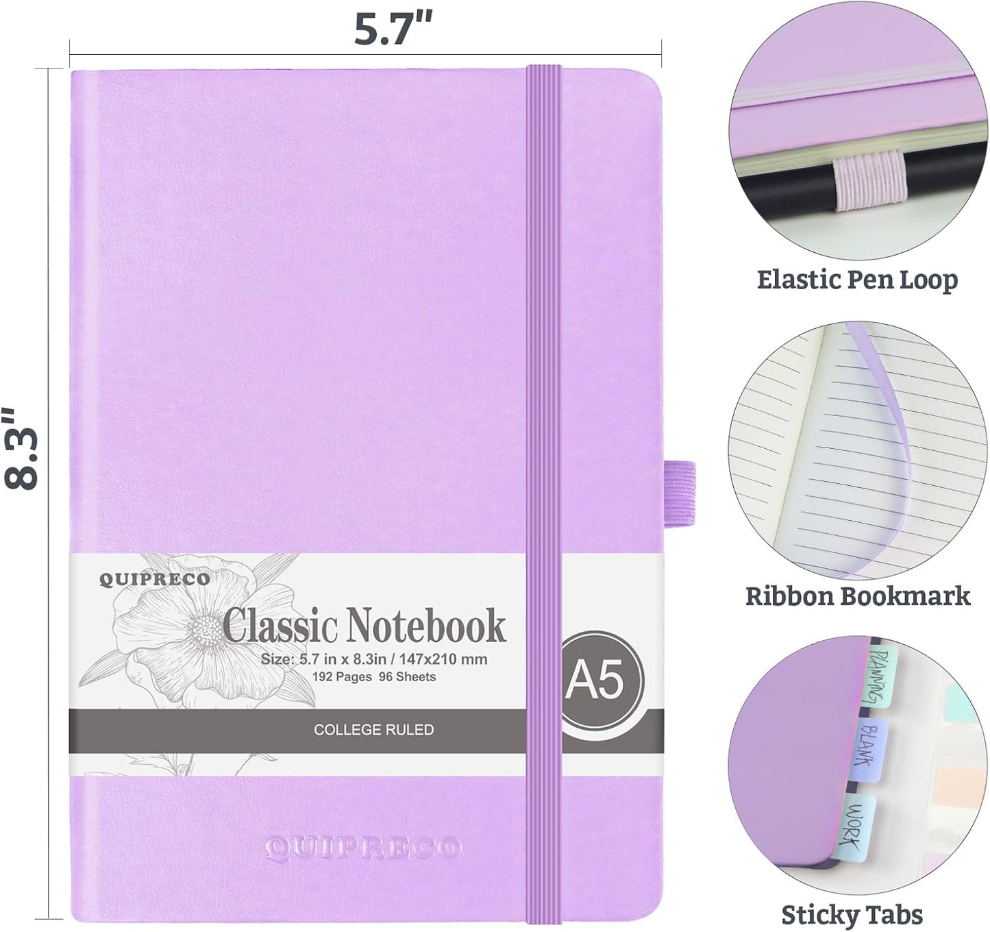 Hardcover Lined Bullet Dotted Journal Notebook, A5 140 192 Pages 100 120Gsm Paper College ruled for School,Work,Travel,and Daily Planning，5.7''*8.3'' (2, Lavender, A5 Lined)