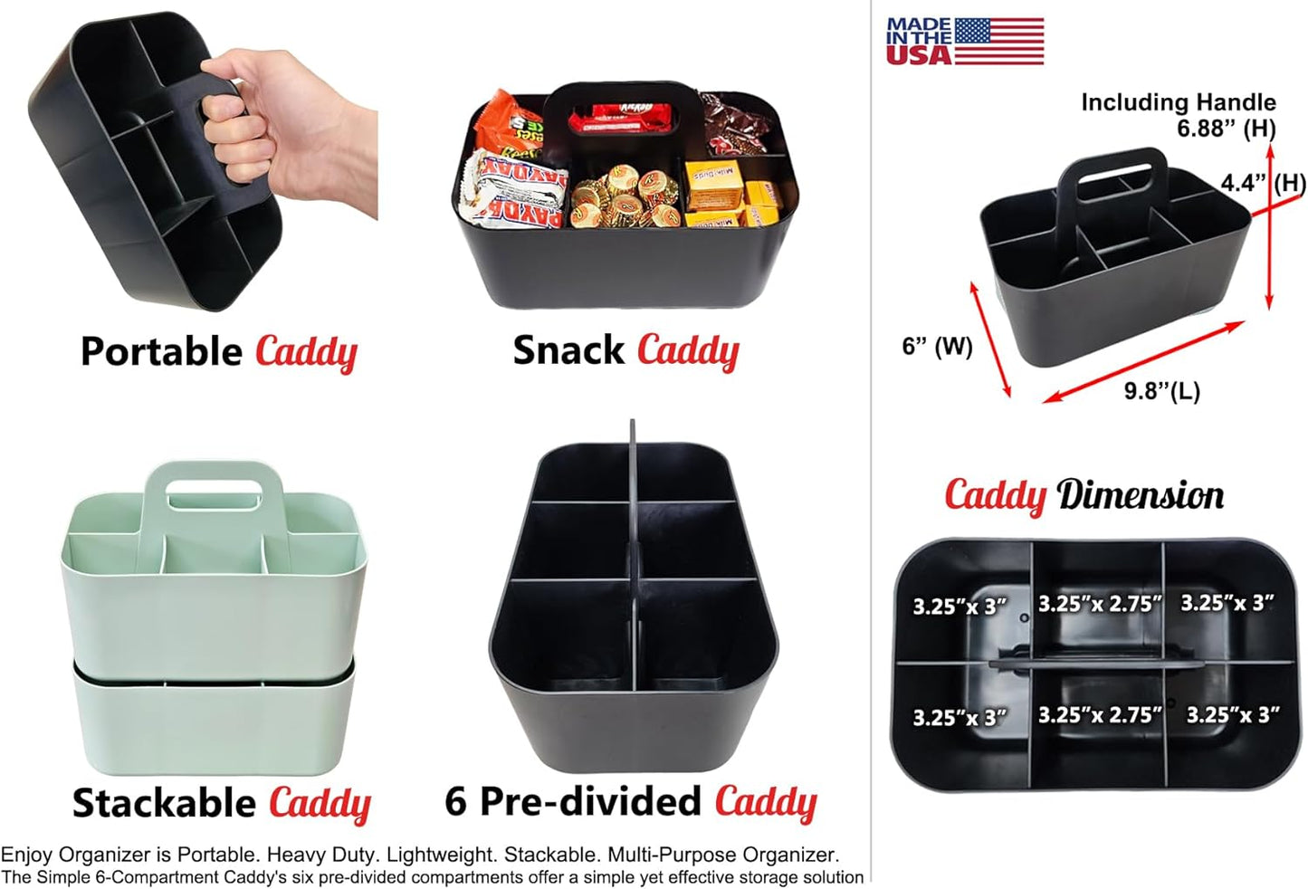 2 Pack Small 6 Compartment Multiuse Caddy Organizer with Handle Art Craft Supplies, Office, Desk, Stationery Pen Holder Stackable- Made In USA (Mint)