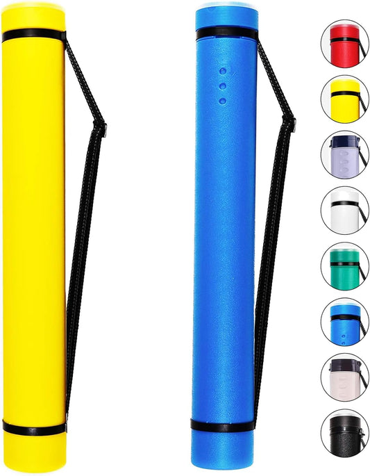 2-Pack Extendable Poster Tubes Expand from 24.5” to 40” with Shoulder Strap | Carry Documents, Blueprints, Drawings and Art | Blue and Yellow Portable Durable Round Storage Cases with Lids and Labels