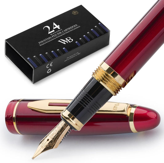 Wordsworth & Black Majesti Fountain Pen-(Red), Luxury Case, 24K Gold Finish; 18K Gilded Medium Nib- Ink Cartridges, Refillable Ink Converter-Calligraphy Pen-Best Business Gift Set for Men & Women