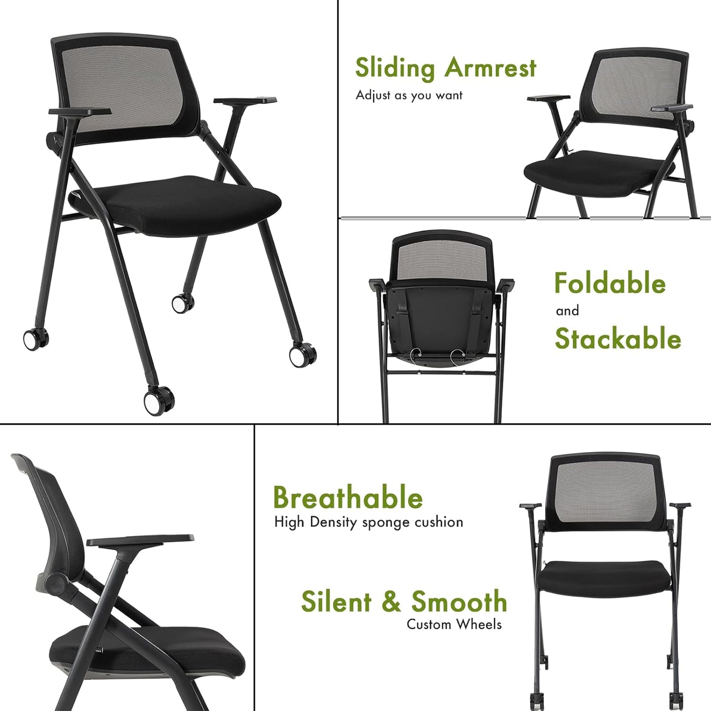 Folding Conference Room Chairs Set of 2 Black Guest Reception Chair for Office, Waiting Room, Meeting, Lobby, Church