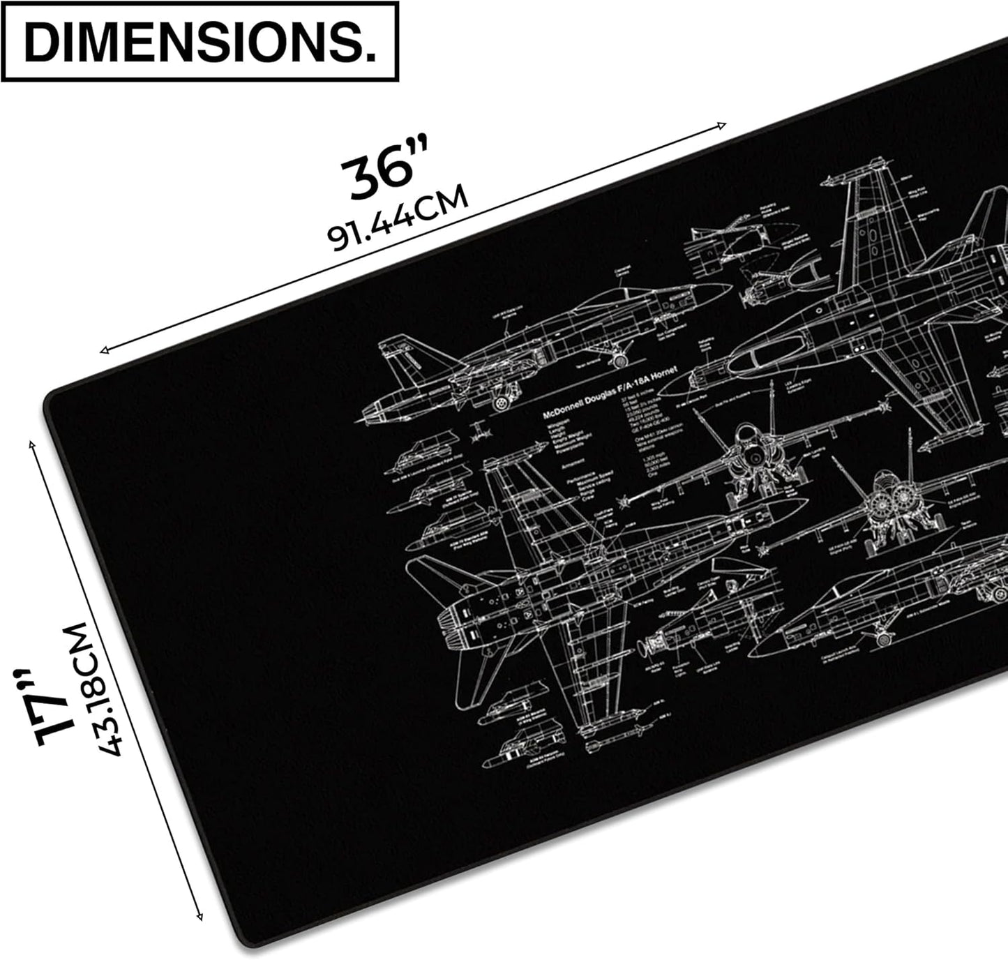 MPCO. Blueprints Large Gaming Desk Pad - 36" x 17" Aeroglyde Fabric 18A Hornets – Black Desk Mats - Non-Slip, Washable, Smooth Glide for Precision Gaming & Work