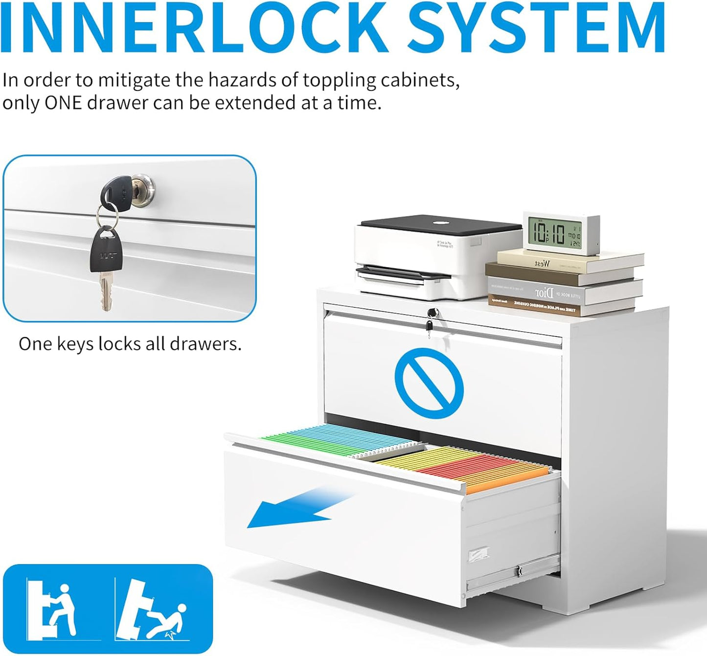 2 Drawer Lateral File Cabinet, Metal Lateral Filing Cabinet for Home Office, Filing Cabinets for Letter/Legal/A4/F4 Hanging Files (White)