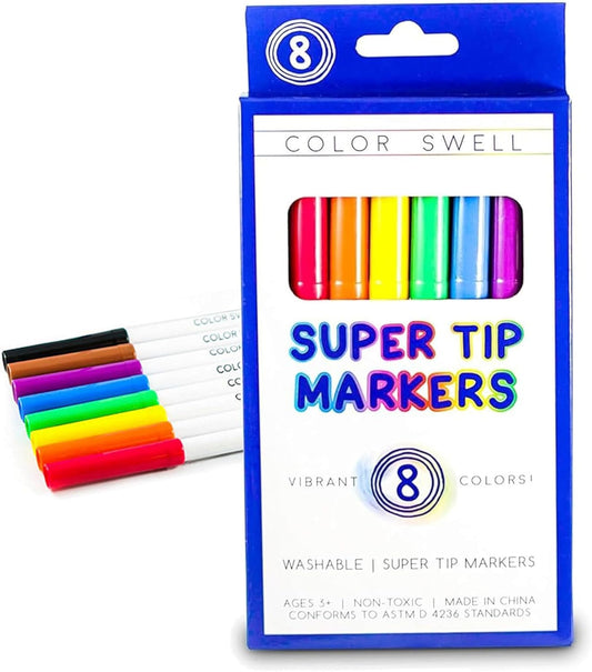 Color Swell 8-Pack Super Tip Markers – Washable, Non-Toxic, Ideal for Kids, Students, Adults, and Classroom Activities