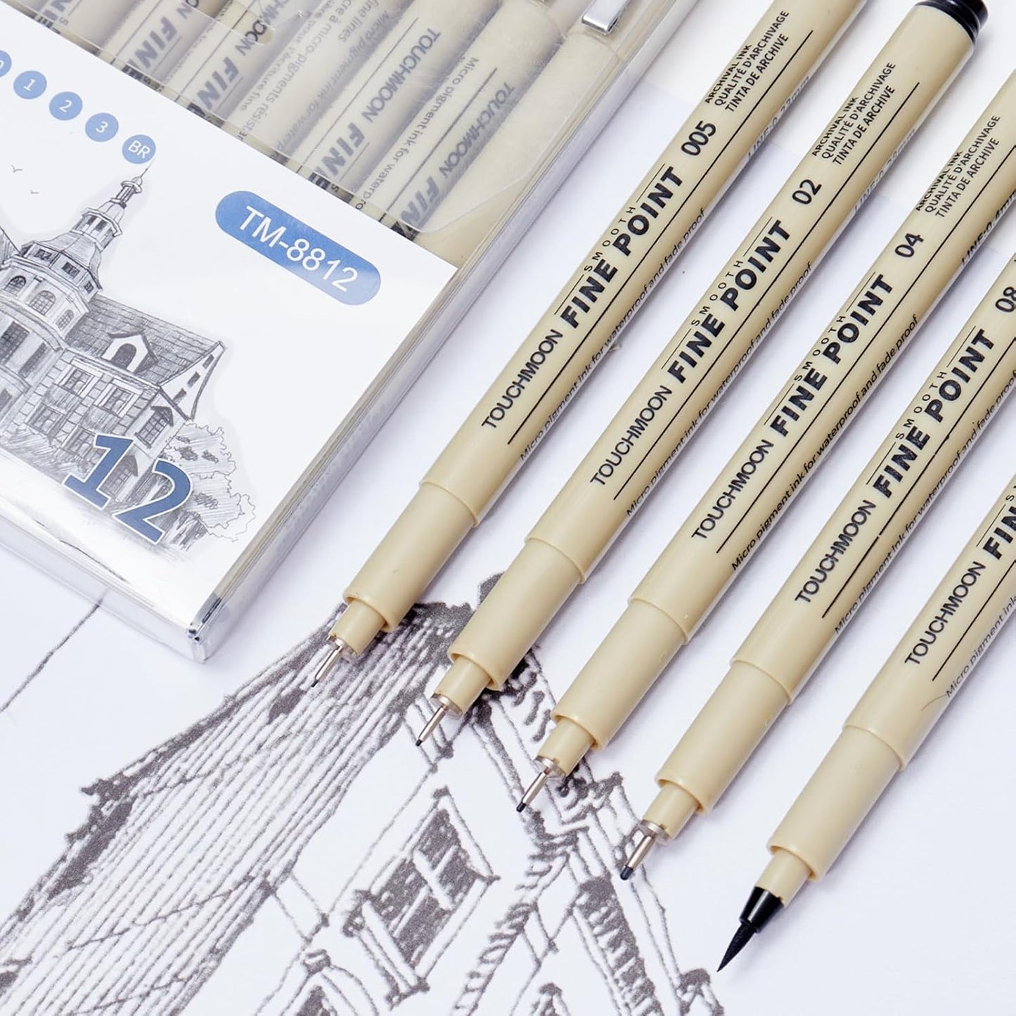 12 Pack Fineliner Drawing Pens – Black Waterproof Micro Line Ink Pens with Assorted Tip Sizes (005 to BR) for Manga, Sketching, Journaling & Technical Illustration
