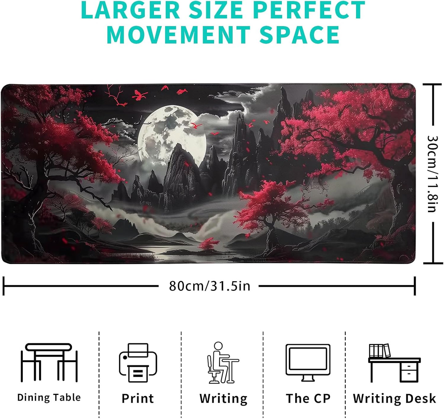 Mousepad 31.5 x 11.8 inches, Large Gaming Mouse Mat with Non-Slip Base, Extended Anime Mouse pad, Full Keyboard Mat with Stitched Edges for Gaming and Office (Red Moon)