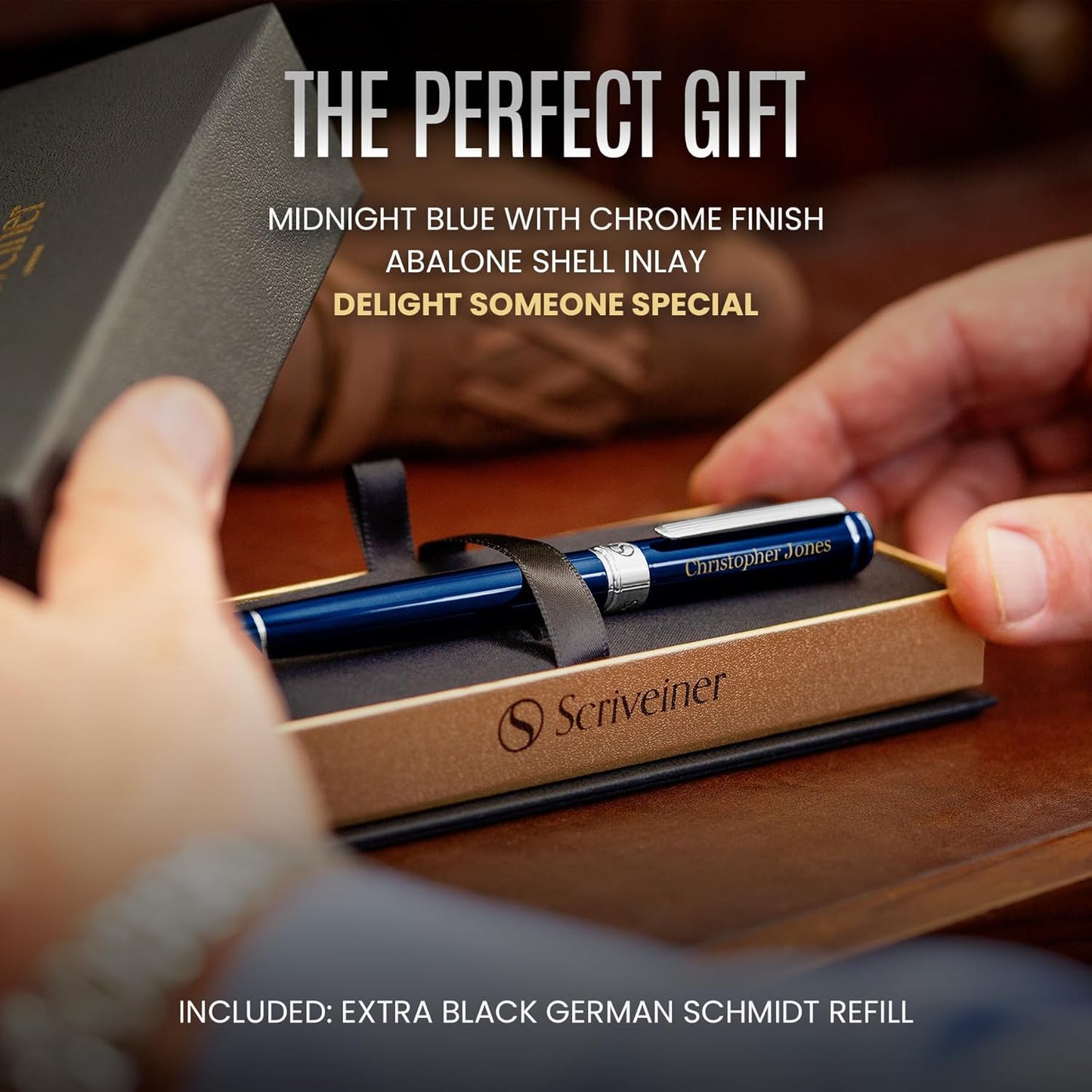 Scriveiner Personalized Midnight Blue Pen - Stunning Blue Lacquer Luxury Pen, Chrome Finish, Schmidt Ink Refill, Best Engraved Roller Ball Gift Set for Men & Women, Custom Name Engraving