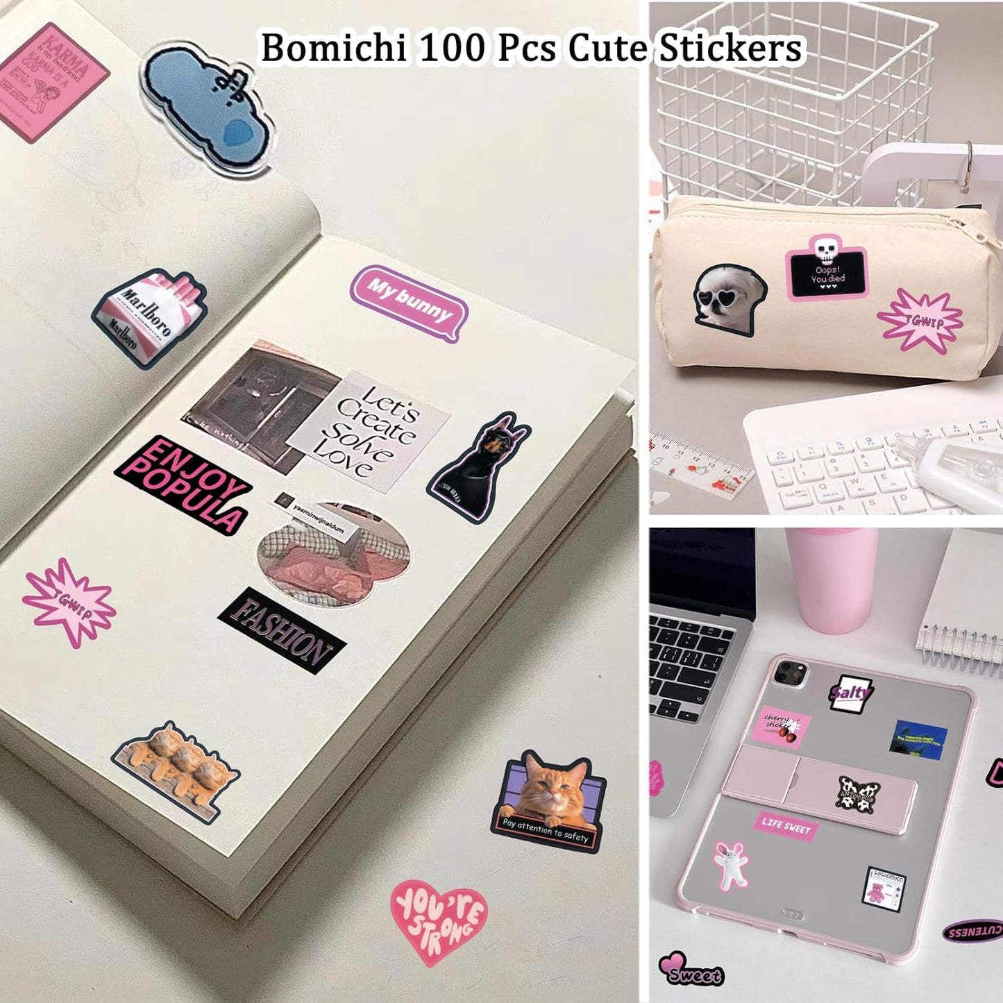 100 Pcs Cute Cartoon Pink Words Style Stickers for Scrapbooks,Cute Vinyl Stickers for Water Bottles Skateboard Notebooks Phone Kindle,Laptop Stickers for Kids Teens Adults Girls