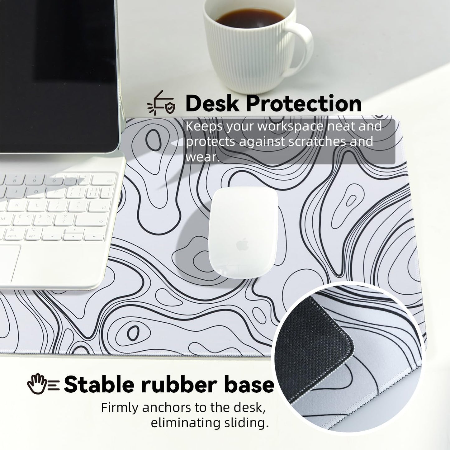 Waterproof Large Gaming Mouse Pad with Durable Stitched Edges, Non-Slip Rubber Base, Smooth Surface Mouse Mat Desk Pad for Home Office Gaming, 31.5"x11.8"x0.12", White Topographic Map