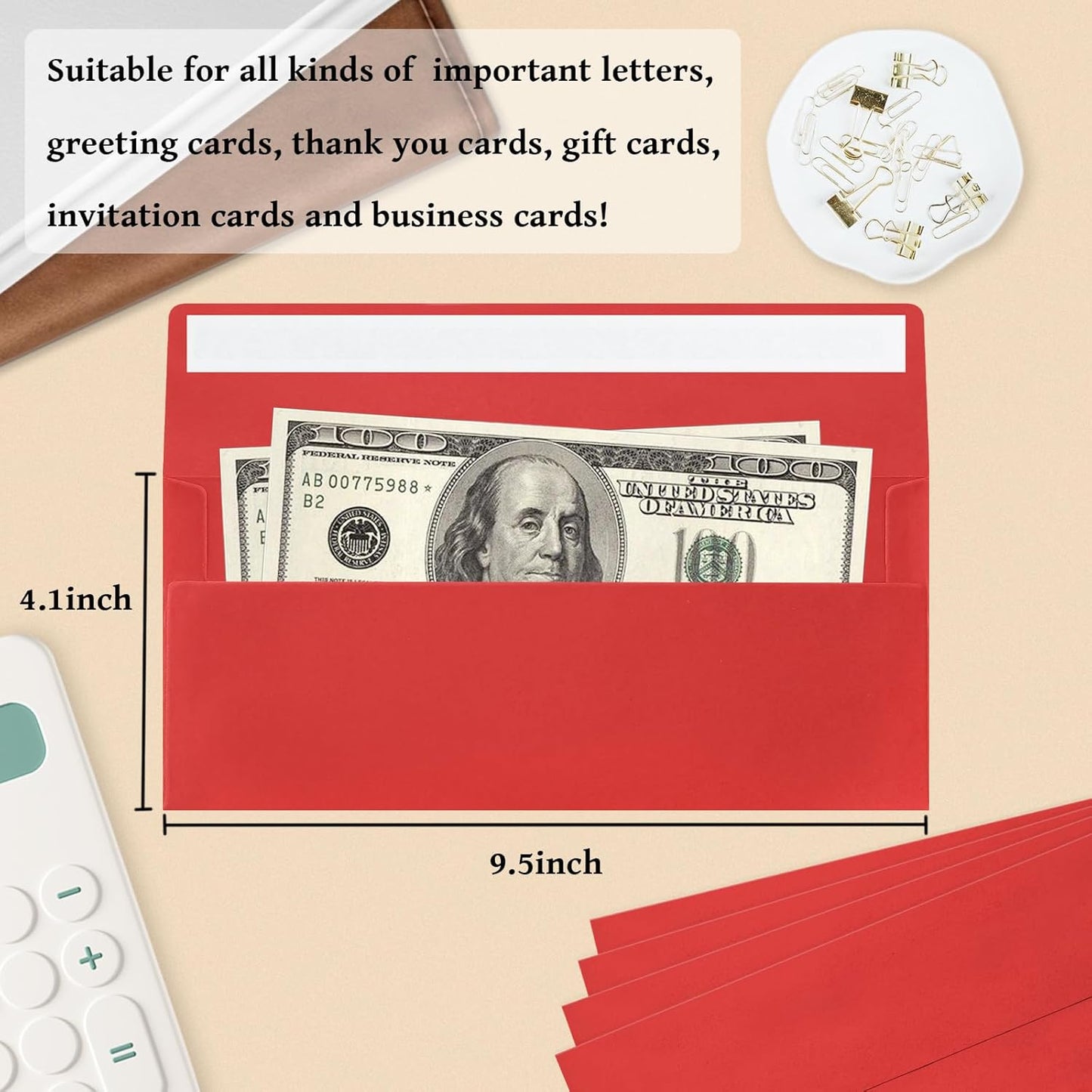 100 Pack #10 Business Envelopes, Red Standard Envelopes Self Seal, Letter Size Mailing Envelopes for Checks Letters Invoices Statements Christmas Birthday Graduation Wedding, 4 1/8 x 9 1/2 Inch