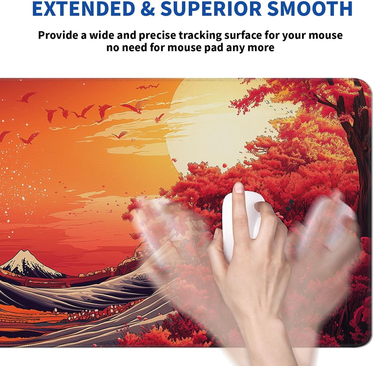 Red Japanese Sea Wave Mouse Pad Abstract Red Mouse Pad 31.5x11.8 Inch Texture Non-Slip Rubber Base Large Mousepad Stitched Edges Keyboard Mouse Mat Desk Pad for Office and Home