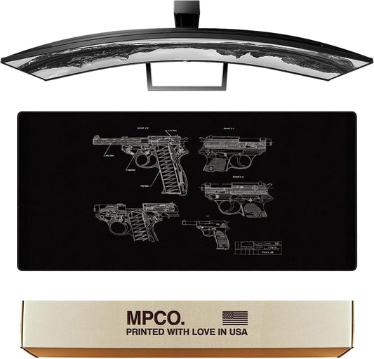 MPCO. Blueprints Large Gaming Desk Pad - 36" x 17" Aeroglyde Fabric Pistol 38 – Black Desk Mats - Non-Slip, Washable, Smooth Glide for Precision Gaming & Work