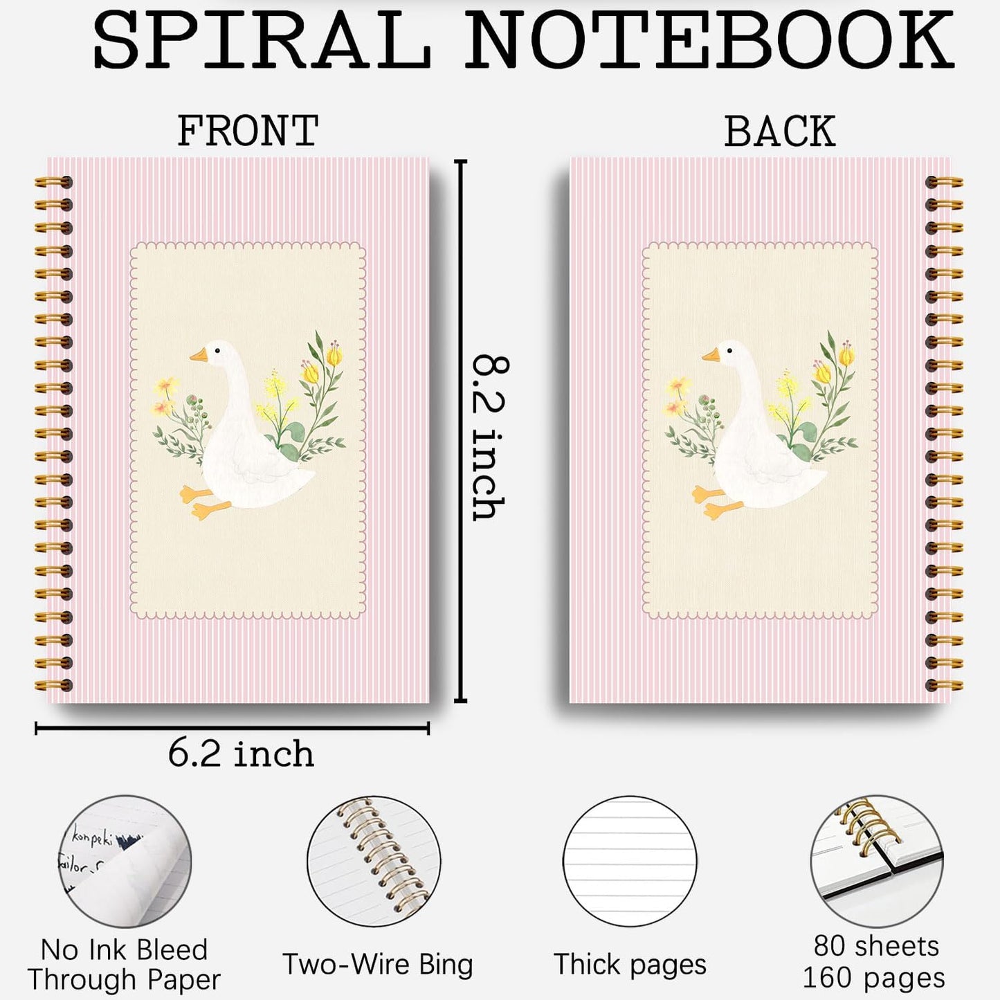 Guymn Pink Floral Goose Notebook, Preppy Aesthetic Goose Journal for Kids Girls, Geese Animal Lover Gifts Hardcover Spiral Notebooks Journals 5.5x8.3 Inch