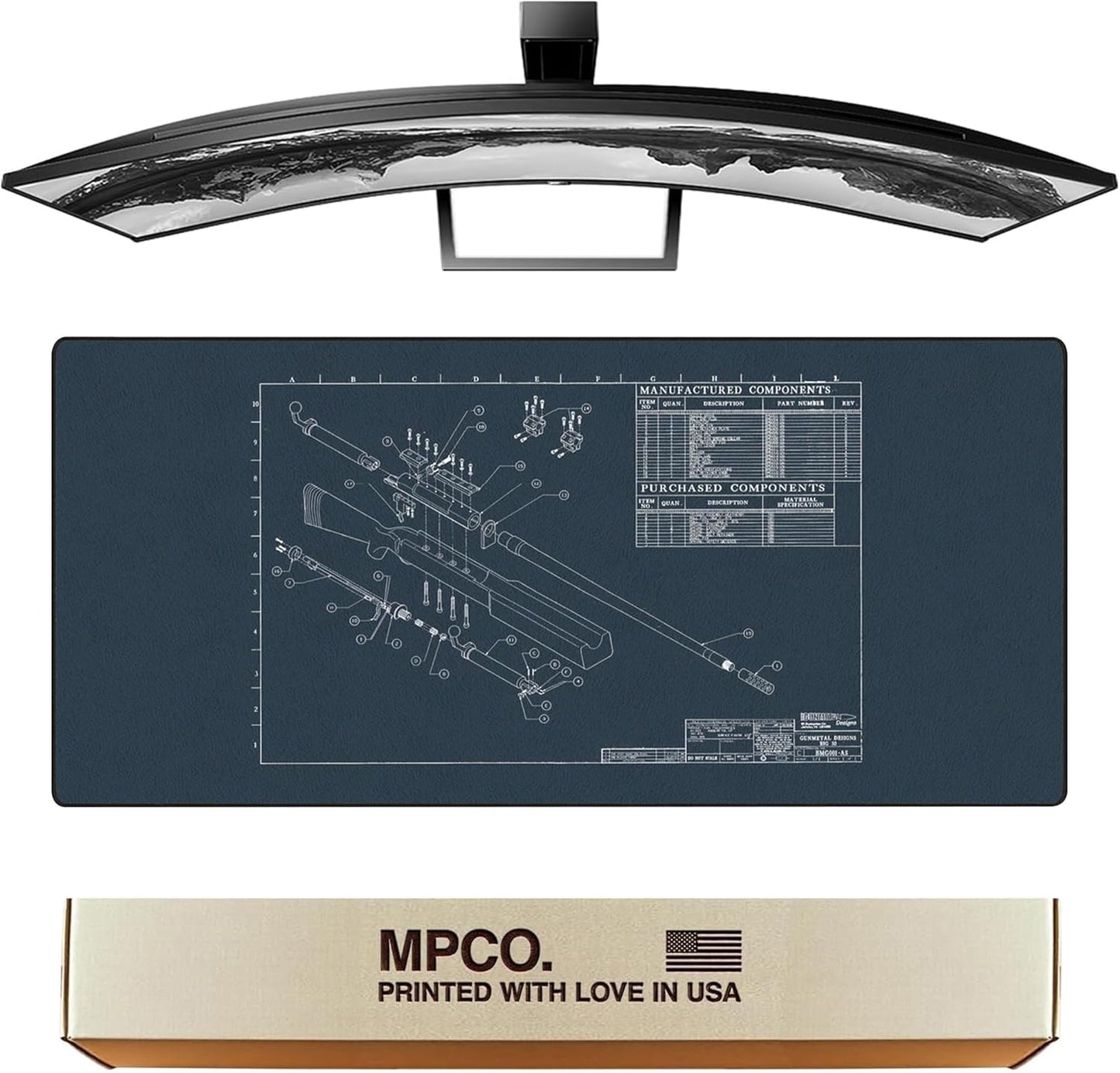 MPCO. Blueprints Large Gaming Desk Pad - 36" x 17" Aeroglyde Fabric Browning 50 Cal – Blue Desk Mats - Non-Slip, Washable, Smooth Glide for Precision Gaming & Work