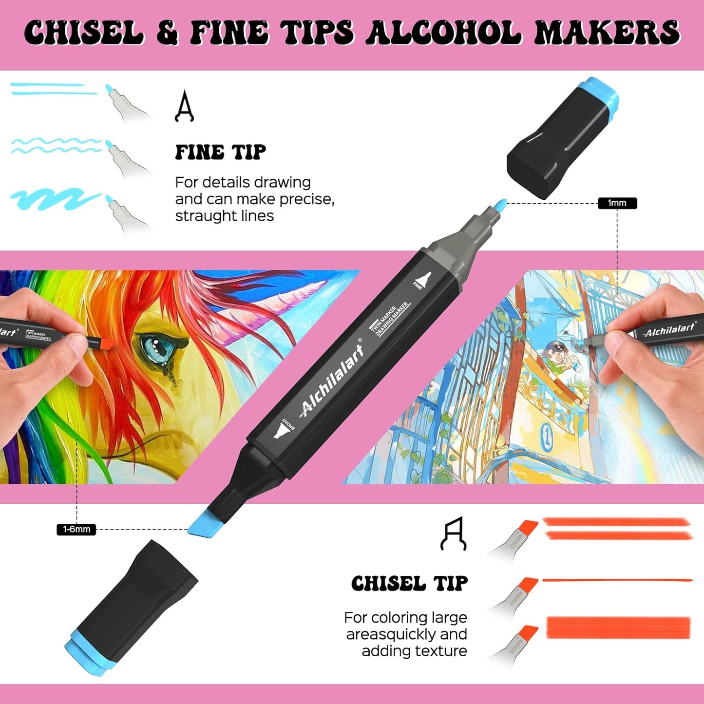 alchilalart 80-Colors Alcohol Based markers, Alcohol Markers Set, Dual Tip Alcohol Sketching Drawing Markers Animation for Adults Kids