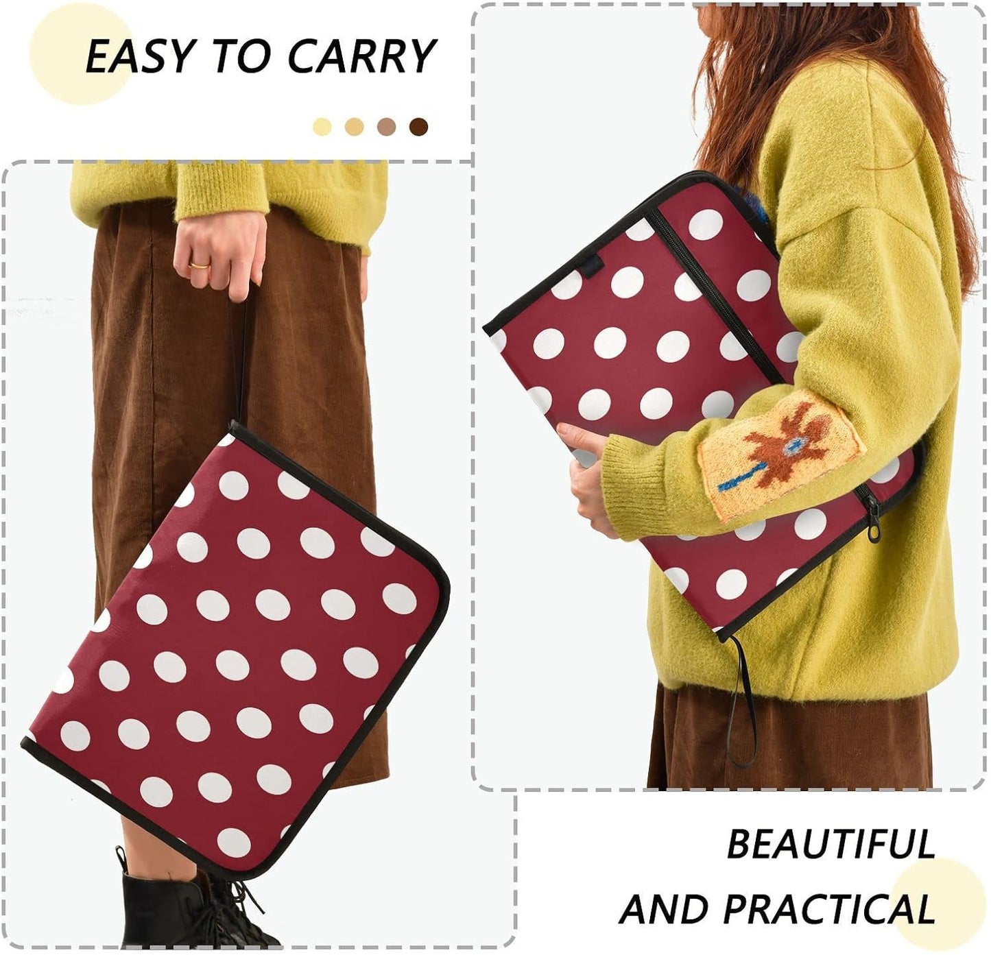 Gredecor 13 Pockets File Folder Organizer A4/Letter Water Resistant White Polkadot with Red Document Bag with Zipper Filing Folder Expanding File Pouch Storage for School Office