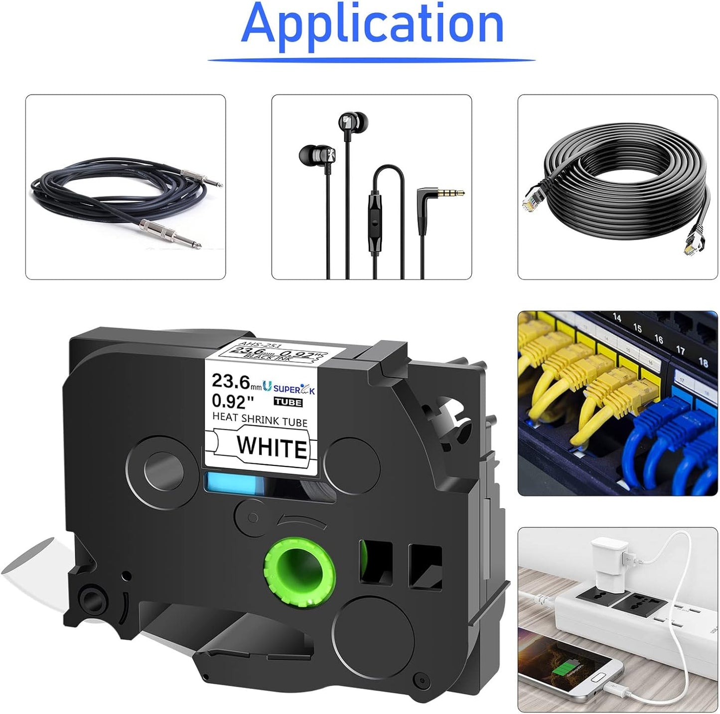 10PK Compatible for Ptouch HSe-251 HSe251 HS-251 HS251 Black on White 23.6mm 0.92'' Heat Shrink Tubing for Wire Cable for PT-P710BTPT-P750WPT-P750WVP Label Maker Tape