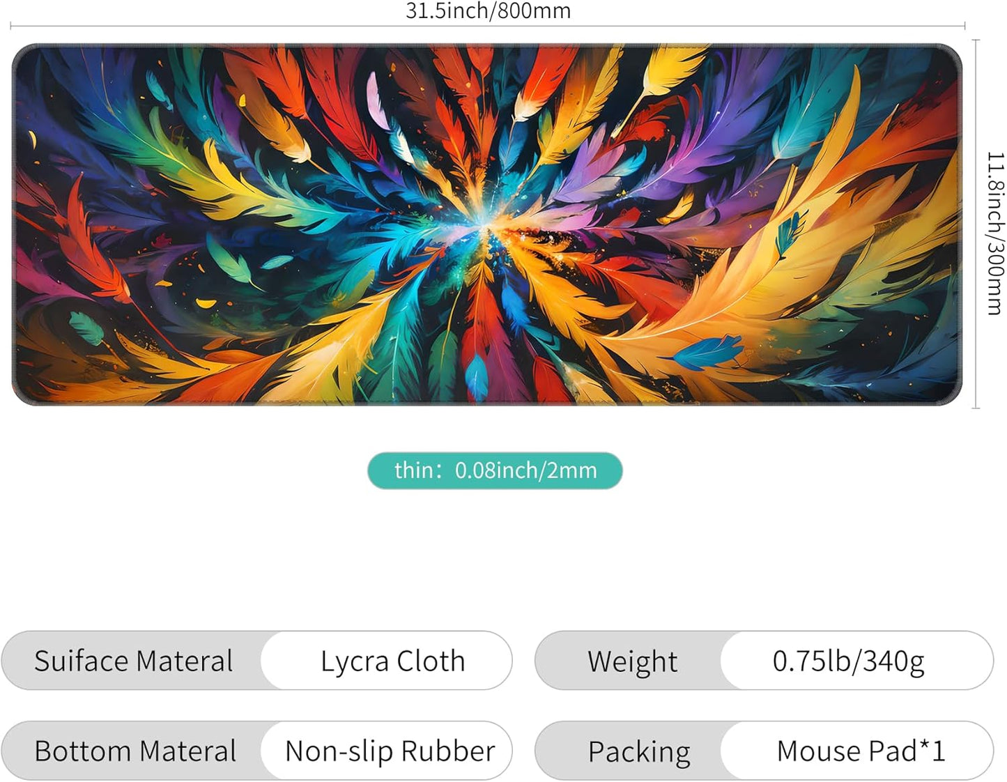 Dynippy Thin Extended Gaming Mouse Pad （31.5 * 11.8 * 0.08 inch） with Stitched Edges Large Mousepad Long XXL Keyboard and Mouse pad Desk Mat for Gaming Office & Home - Colored Feather