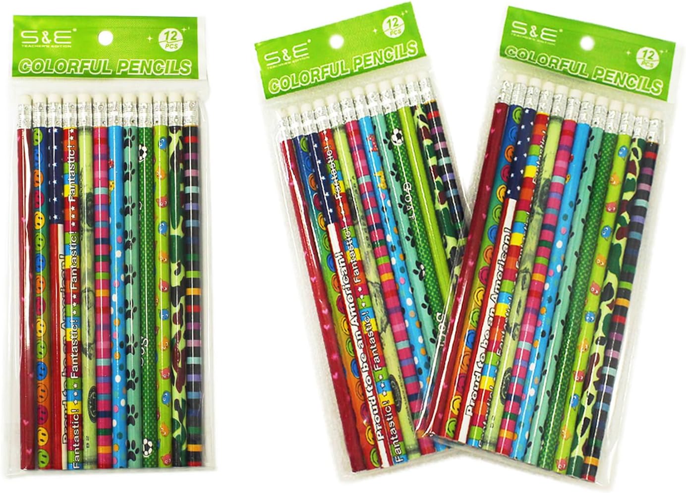 S & E TEACHER'S EDITION 36pcs Assorted Colorful Pencils, Wooden Pencil with Eraser, Pencil Assortment, Novelty Kids Pencils，Awards & Incentives, No. 2 HB, Back to school, 12 Designs.