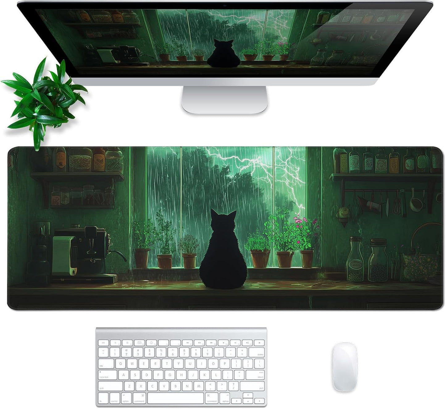 Green Black Cat Mouse Pad Abstract Big Mouse Pad 31.5x11.8 Inch Cat Texture Non-Slip Rubber Base Large Mousepad Stitched Edges Keyboard Mouse Mat Desk Pad for Office and Home