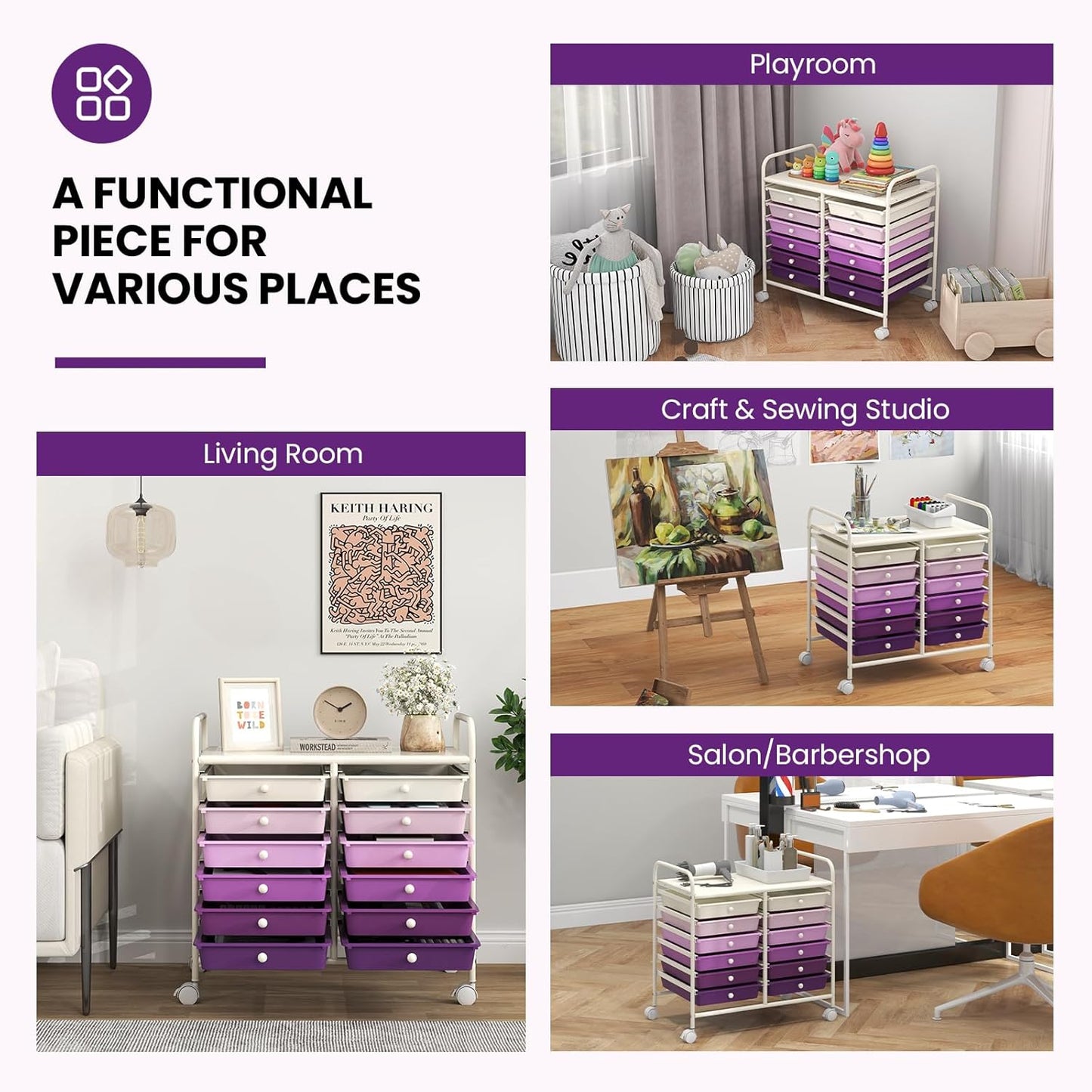 Giantex 12 Drawers Rolling Cart, Mobile Storage Drawer Cart, Classroom Organizer Cart for Office School Supplies Tools Scrapbook Paper Craft Small Printer, Utility Cart on Wheels, Purple Gradient