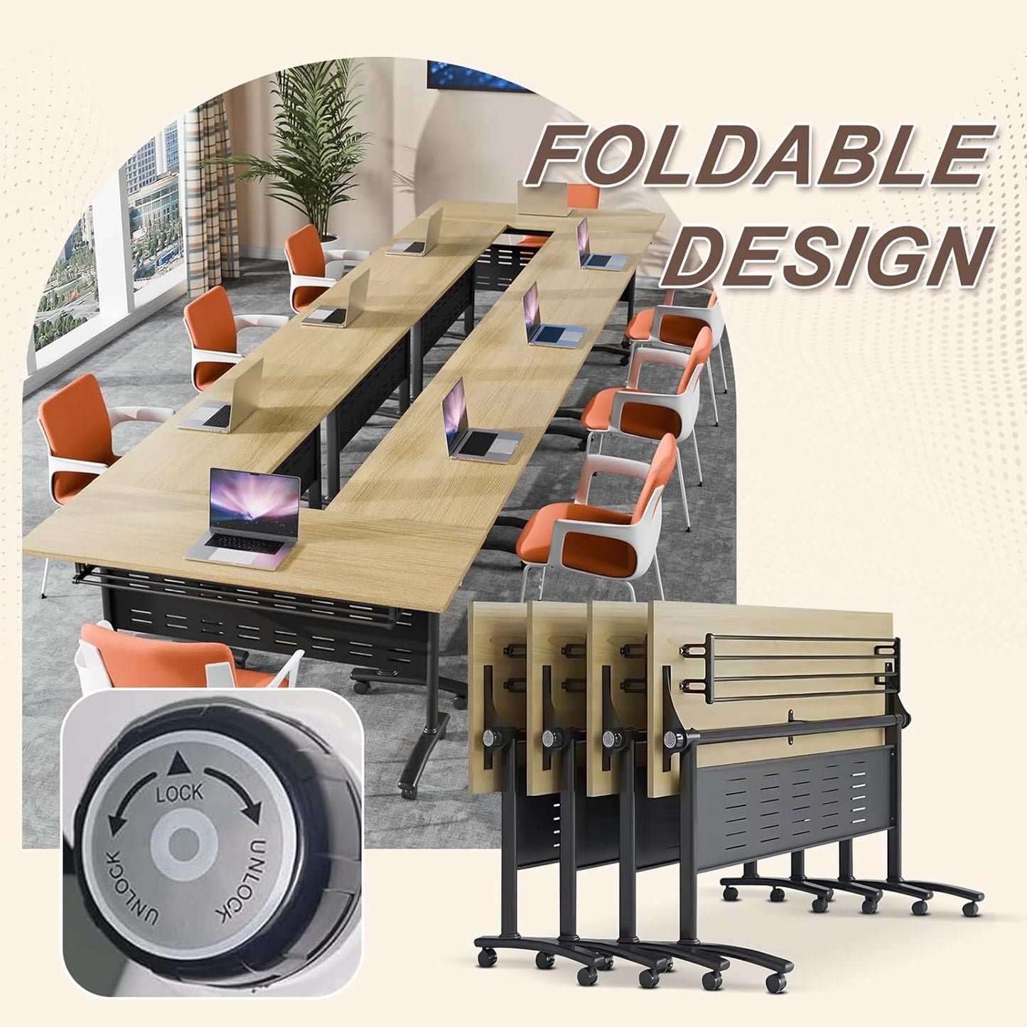 Folding Conference Room Table, Modern Conference Tables with Wheels, Large Rectangular Mobile Training Tables for Office Classroom, Foldable Modular Boardroom Seminar Table Maple (6pack L55.1in)