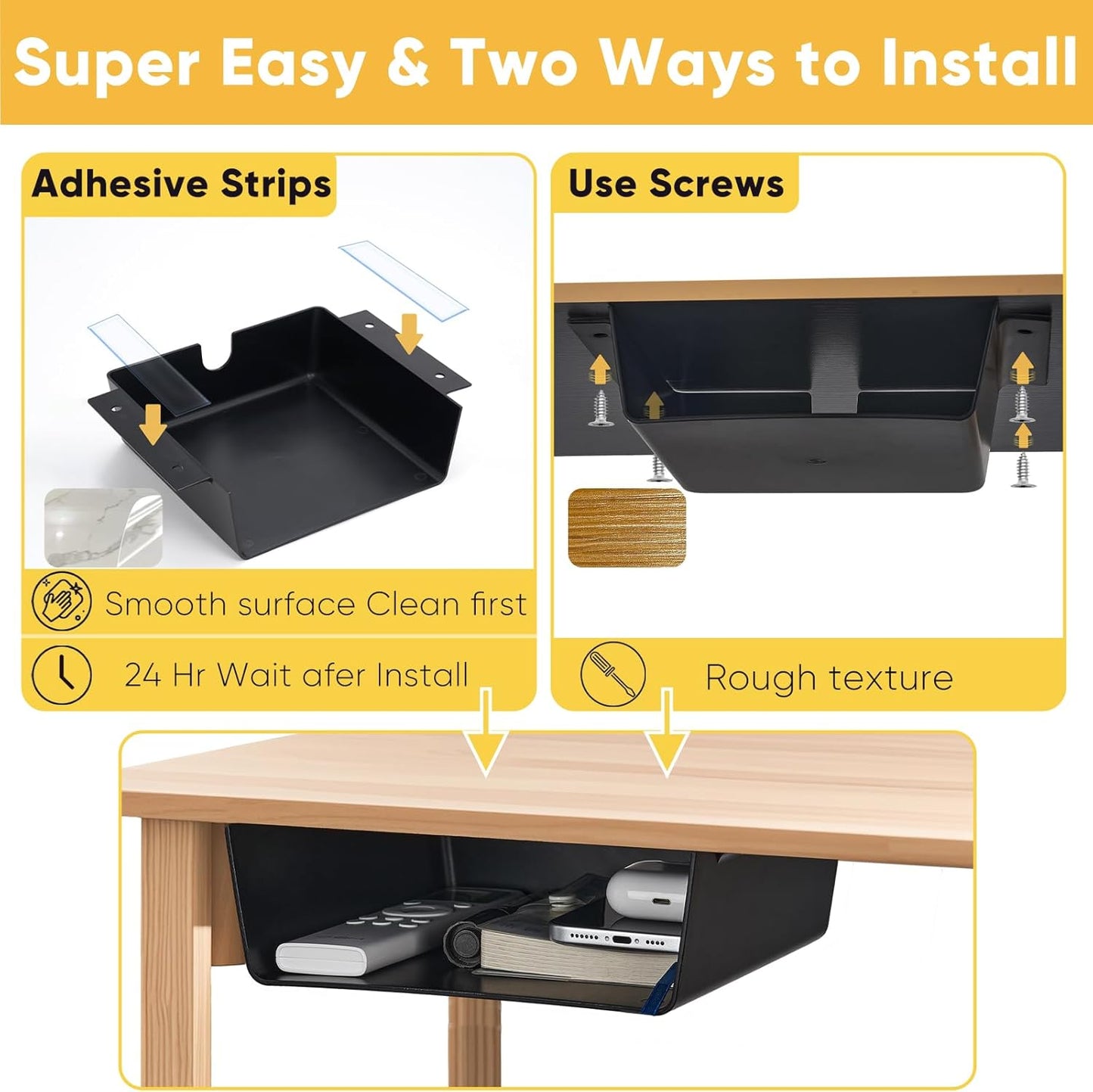 4 Pack Under Desk Hanging Shelf Drawer Organizer, Attachable Plastic Hidden Storage Tray, Easy Adhesive Mount Holder for Standing Tables, Office, Counters, Cabinets, Workstations - Black