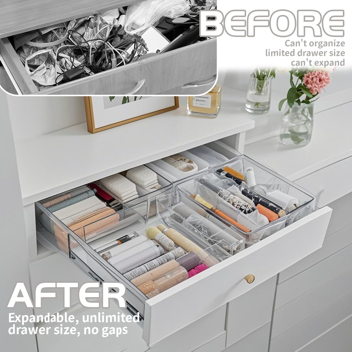 25 PCS Adjustable Desk Drawer Organizer, Acrylic Clear Drawer Organizers, 3 Size Desk Drawer Organizer for Cosmetics, Jewellery, Office, Gadgets, Kitchenware