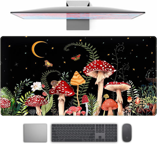 Ferns Leaves Cute Mushrooms Desk Mat Kawaii Green Plants Mouse Pad Xl Mat Large Gaming Desk Pad For Desk Decor Laptop Computer Keyboard Pad Desk Home Office For Women With Stitched Rounds 31.5x15.7 In