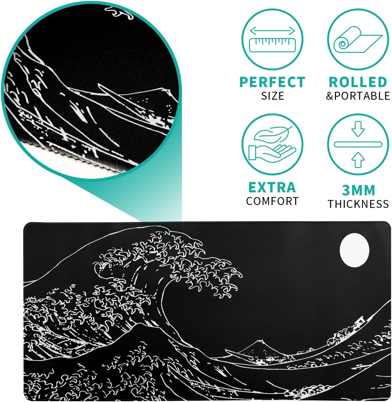Japanese Sea Wave Gaming Mouse Pad 27.6x11.8 Inch Anime Black Large Mousepad Extended Kanagawa Mousepad Gaming Non-Slip Rubber Base Stitched Edges Keyboard Mouse Mat Desk Pad for Office Home Game