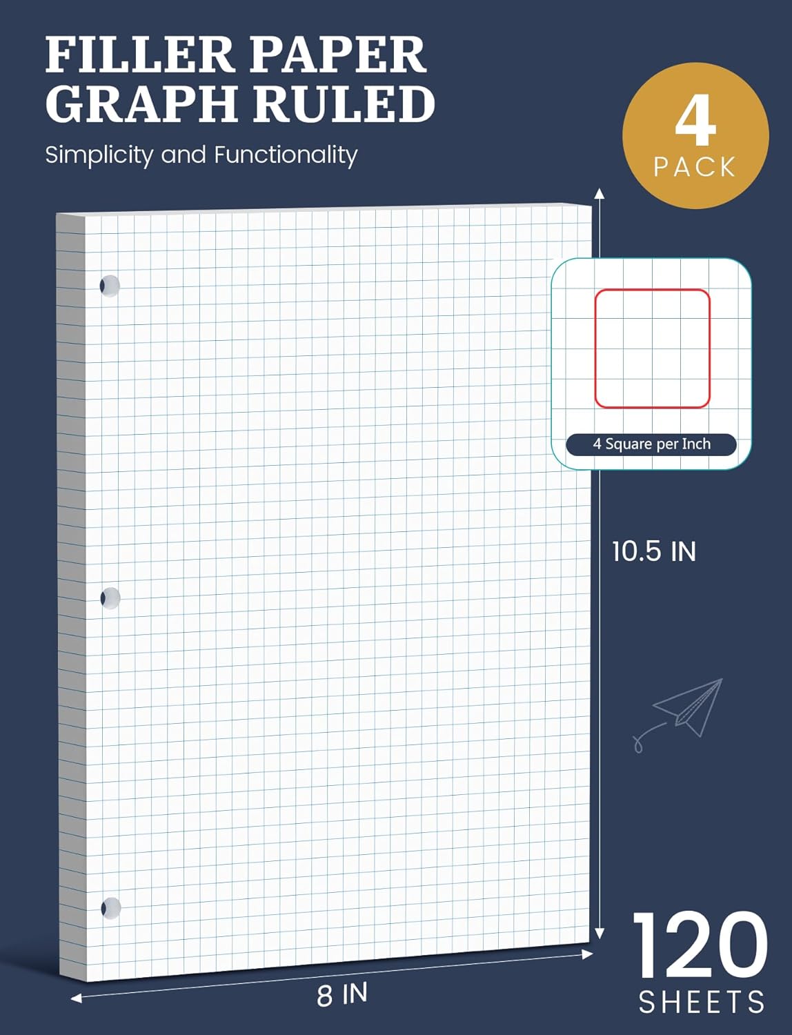 Graph Paper Loose Leaf, 120 Sheets Loose Leaf Paper, Binder Paper 8 x 10.5 in, 4x4 Quad Ruled Filler Papers Bulk 8 x 10-1/2 for Binder, 3-Hole Punched Graphing Pads for Engineering Sketching Notes