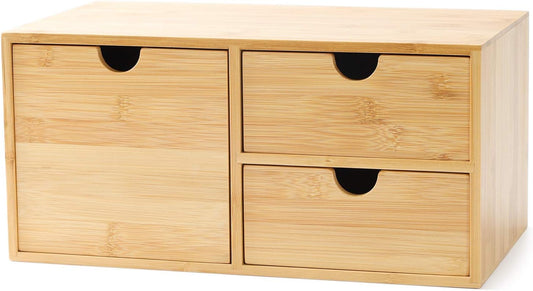 Wisuce Bamboo Desk Organizer - Mini Desktop Drawer Tabletop Storage Organization Box for Office Home Toiletries Supplies, No Assembly Required (3 Drawer with big drawer)