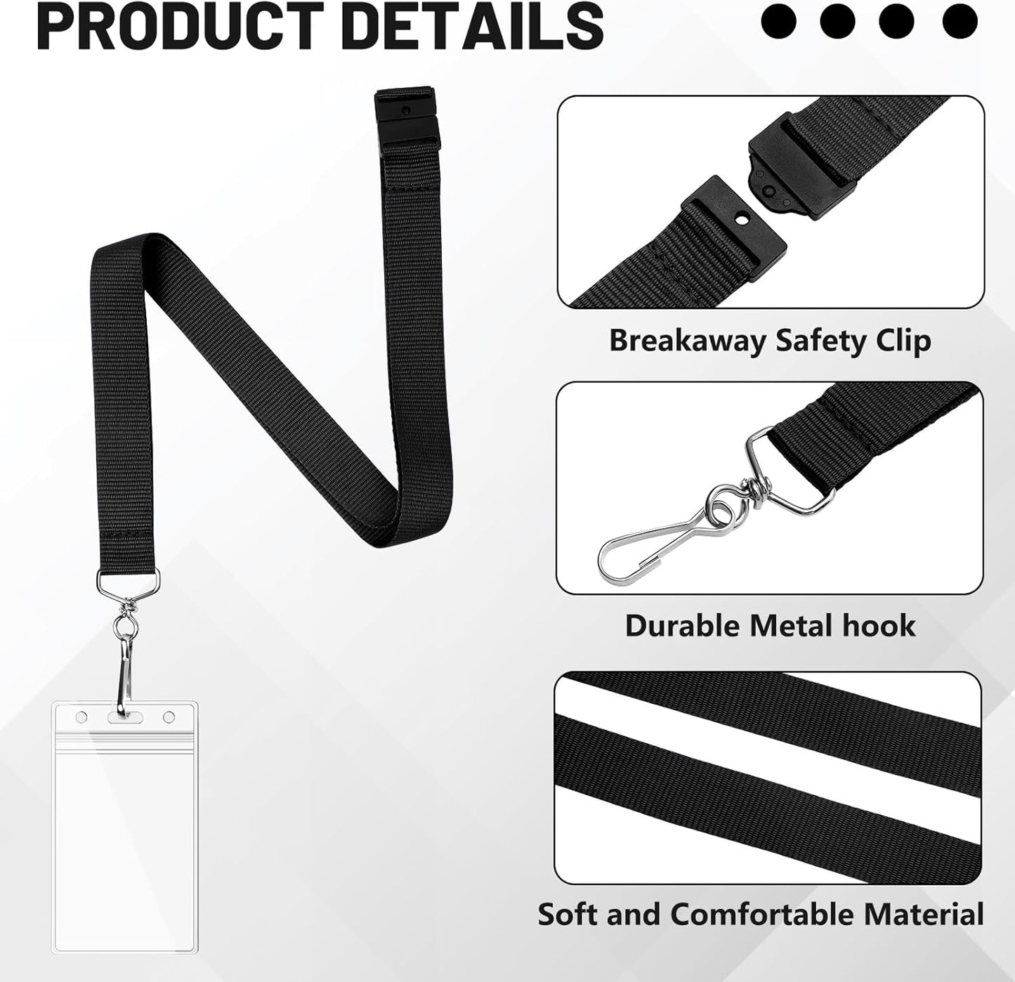 12 Pack Black Breakaway Lanyards with Waterproof Badge Holders, Metal Hook, Polyester Neck Straps for ID Cards, Events, Office, and Schools