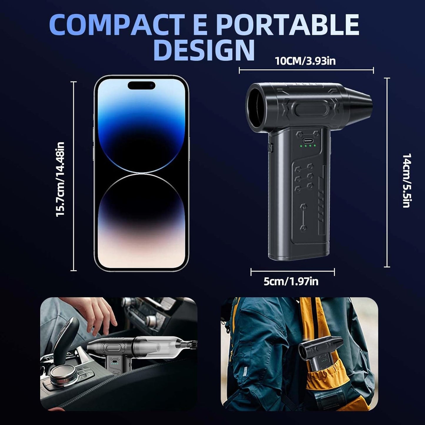 fourq Compressed Air Duster,Mini Vacuum Cleaner 2-in-1,4000 mAh,130,000 RPM Brushless Motor,8000Pa，120MPH/1.1LB Thrust Car Dryer Air Blower for Car Cleaning,Computer Cleaning