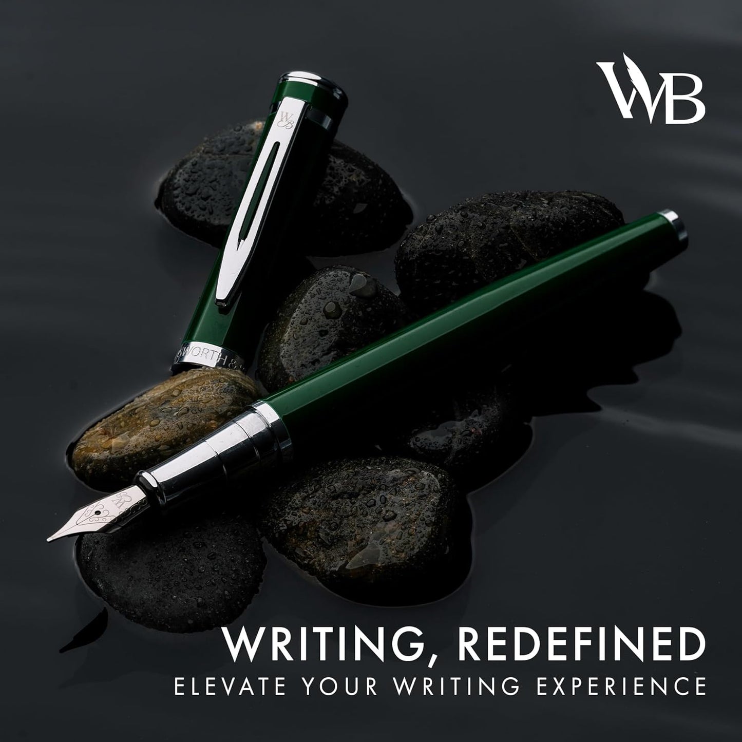Wordsworth & Black Fountain Pen Set, Medium Nib, Includes 24 Pack Ink Cartridges, Ink Refill Converter & Gift Pouch, Chrome Finish, Calligraphy, [Racing Green], Perfect for Men & Women