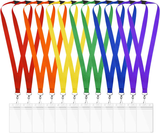 12 Pack Rainbow Breakaway Lanyards with Waterproof Badge Holders, Metal Hook, Polyester Neck Straps for ID Cards, Events, Office, and Schools