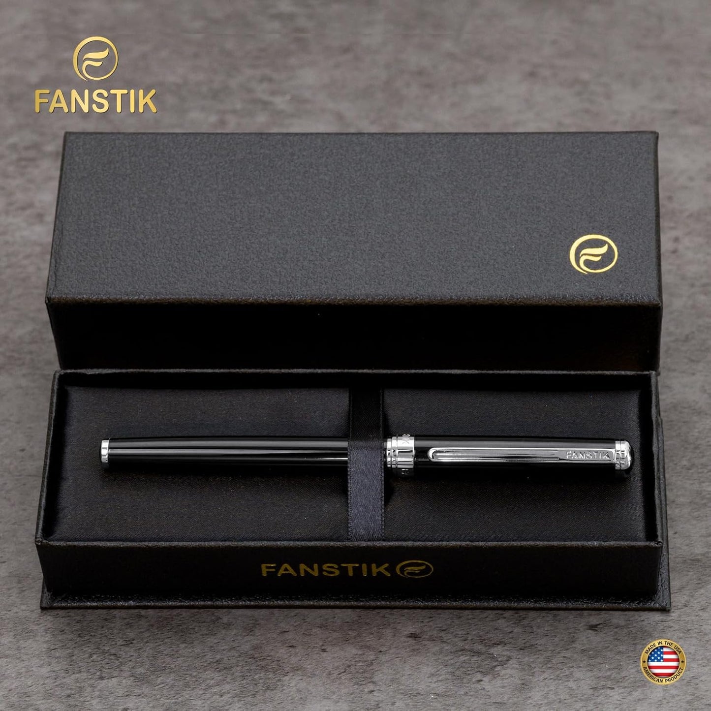 Customized Black & Silver Luxury fountain pen (Made In USA) fancy gift set for women, Real 24K Gold Plating, Professional executive pen gift set for men (Lux Custom-fountain Black-Silver)