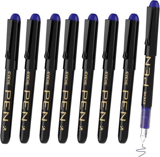 EYEYE Fountain Pens for Writing, 8 Pack Blue Fine Point Pens Disposable Fountain Pens Stainless Steel Nib, Smooth Writing for Calligraphy, Journaling, Drafting, Sketching, Doodling & Office Supplies