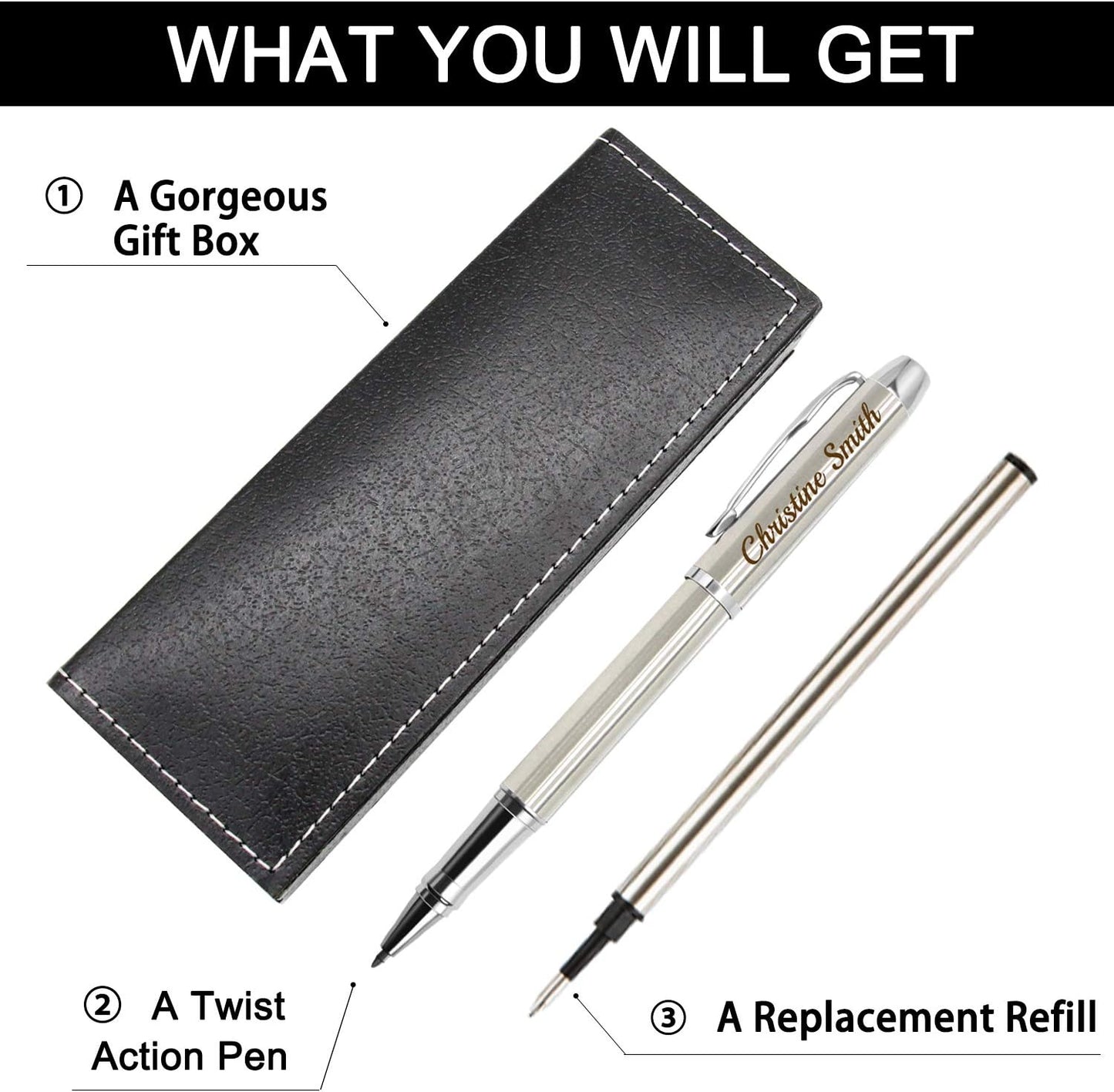 Amlion Personalized Pens Custom Engraved Pen with Name, Refillable Medium Refill, Personalized Gifts for Men Women