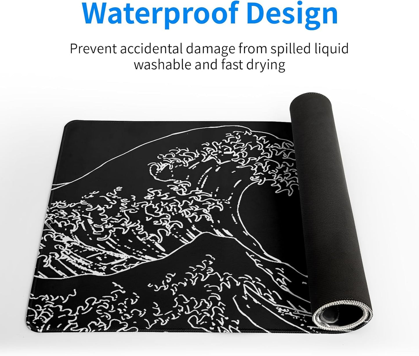 Japanese Sea Wave Gaming Mouse Pad 27.6x11.8 Inch Anime Black Large Mousepad Extended Kanagawa Mousepad Gaming Non-Slip Rubber Base Stitched Edges Keyboard Mouse Mat Desk Pad for Office Home Game