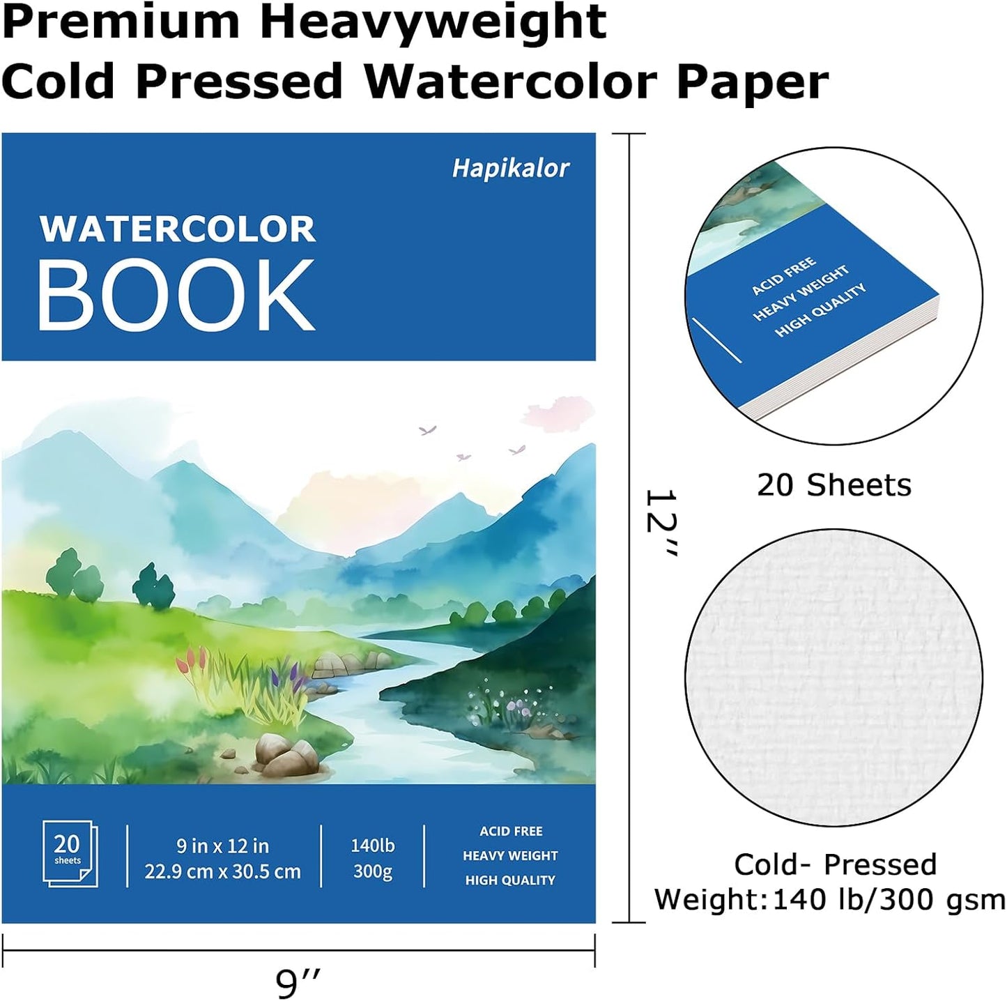 Hapikalor 9"x12" Watercolor Paper Pad, 2-Pack, 140lb/300gsm Artist Painting Drawing Paper Book, Art Supplies for Adults Kids, Watercolors, Watercolor Paint Set, Sketchbook, Journal, Blue