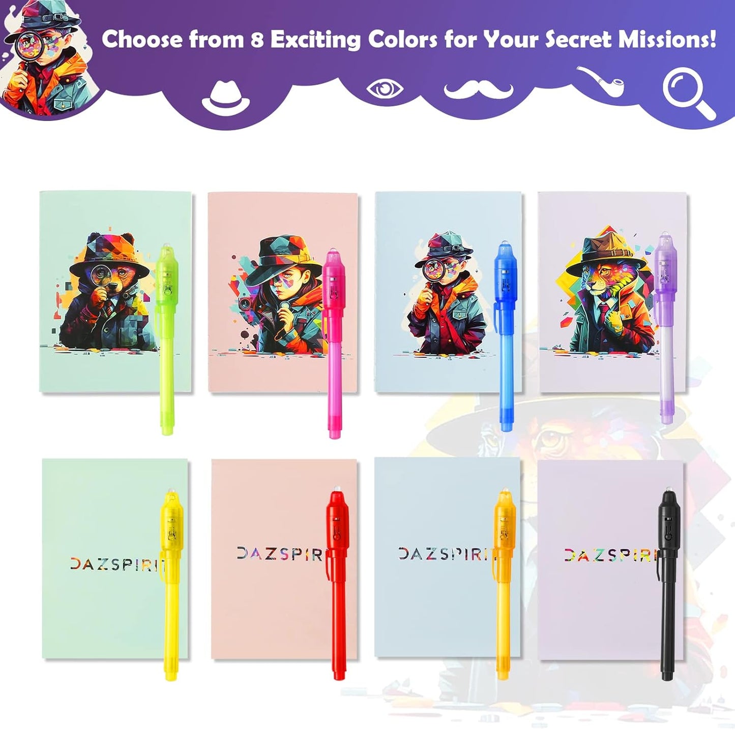 16Pcs Invisible Ink Pen Set with UV Light, Mini Notepads & Favor Bags, Spy Pens for Kids, Top Secret Message Magic Markers, Disappearing Ink, Detective & Escape Room Themes