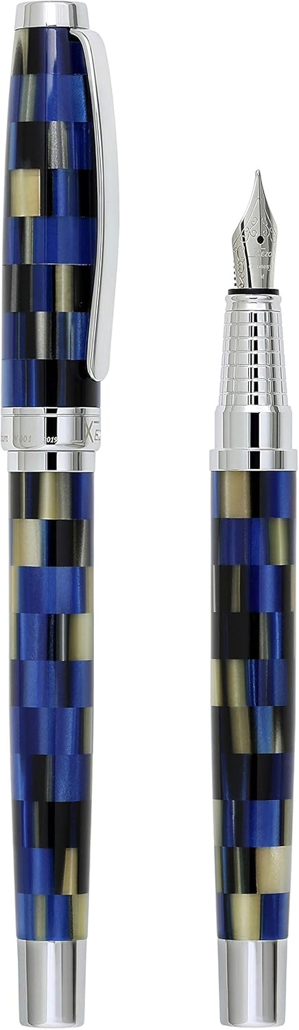 Xezo Urbanite Fountain Pen, Medium Nib. Retro Blue, Black, and Cream Colors with Chrome Plating. Limited Edition and Serialized. No Two Alike